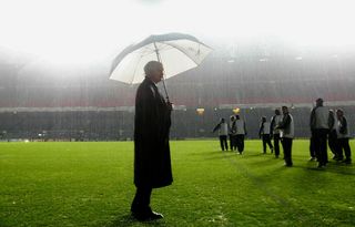 Newcastle manager Sir Bobby Robson looks on during the pitch inspection before the game is postponed during the match between Barcelona and Newcastle United in the UEFA Champions League, Second Phase, Group A match at the Nou Camp in Barcelona, Spain on December 10, 2002. Robson has been sacked by Newcastle August 30, 2004 following a poor start to the new season.