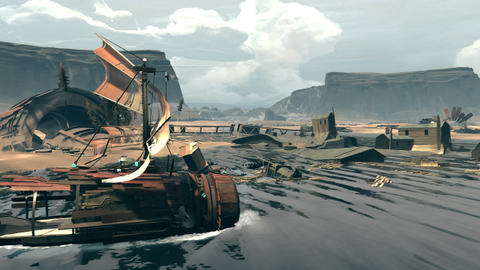  Far: Changing Tides screenshot showing a makeshift boat sailing past desert mesas.