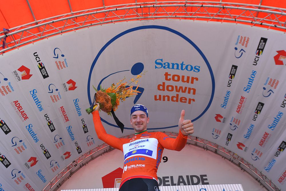 Elia Viviani on the stage 1 podium at the tour Down under