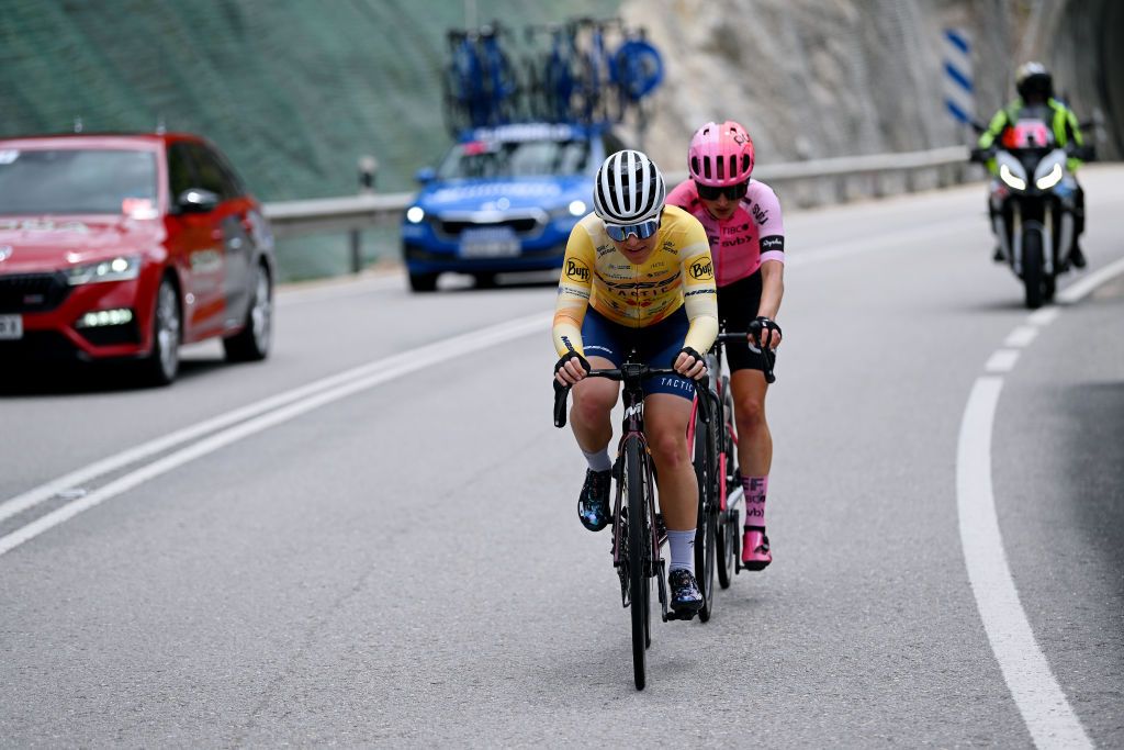 MEDINA DE POMAR SPAIN MAY 18 LR Corinna Lechner of Germany and Team MassiTactic and Magdeleine Vallieres of Canada and Team EF EducationTibco compete in the breakaway during the 8th Vuelta a Burgos Feminas 2023 Stage 1 a 1156km stage from Quintanaortuo to Medina de Pomar UCIWWT on May 18 2023 in Medina de Pomar Spain Photo by Dario BelingheriGetty Images