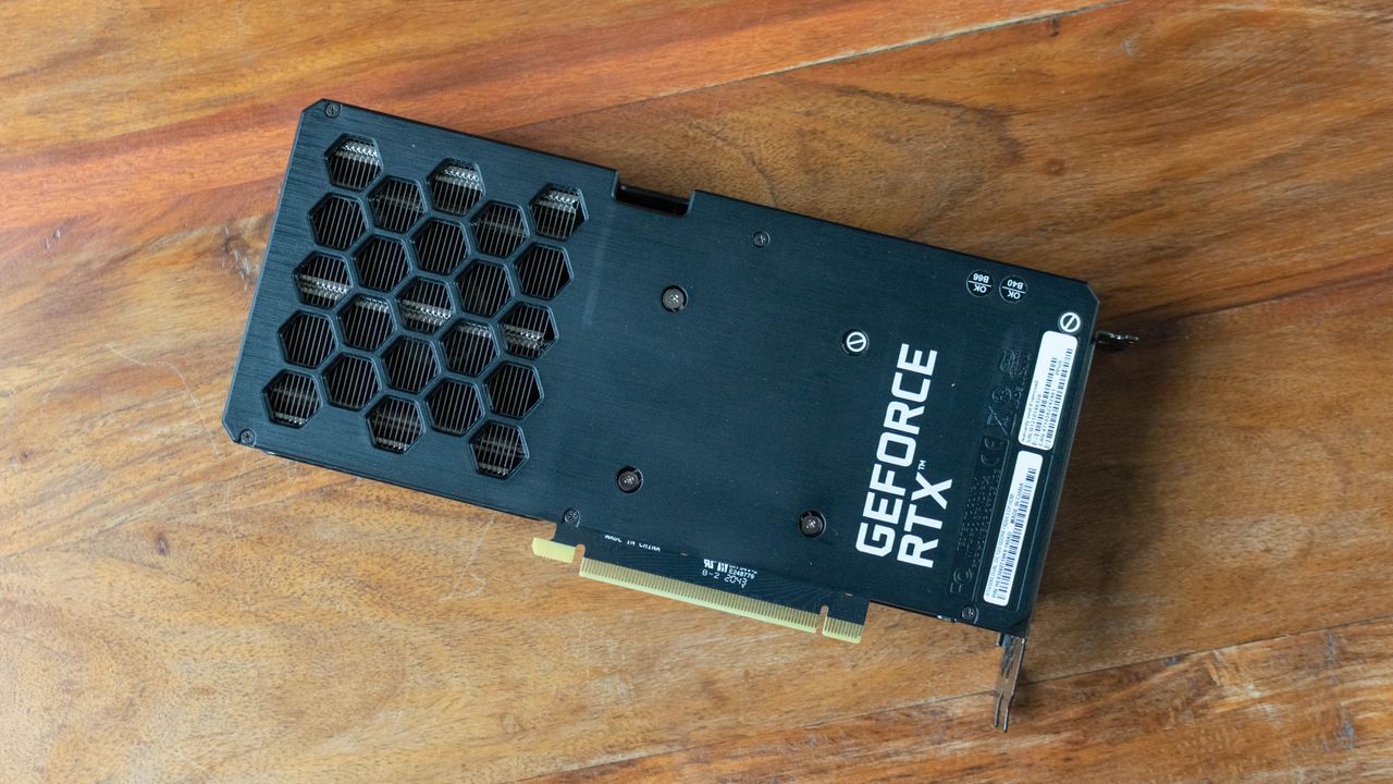 A photograph of the underside of the Palit RTX 3060 Dual on a table