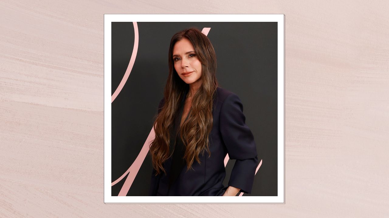 Victoria Beckham is pictured wearing a black blazer and with her long hair in loose curls at the premiere of &quot;Lola&quot; at Regency Bruin Theatre on February 03, 2024 in Los Angeles, California/ in a pastel pink template