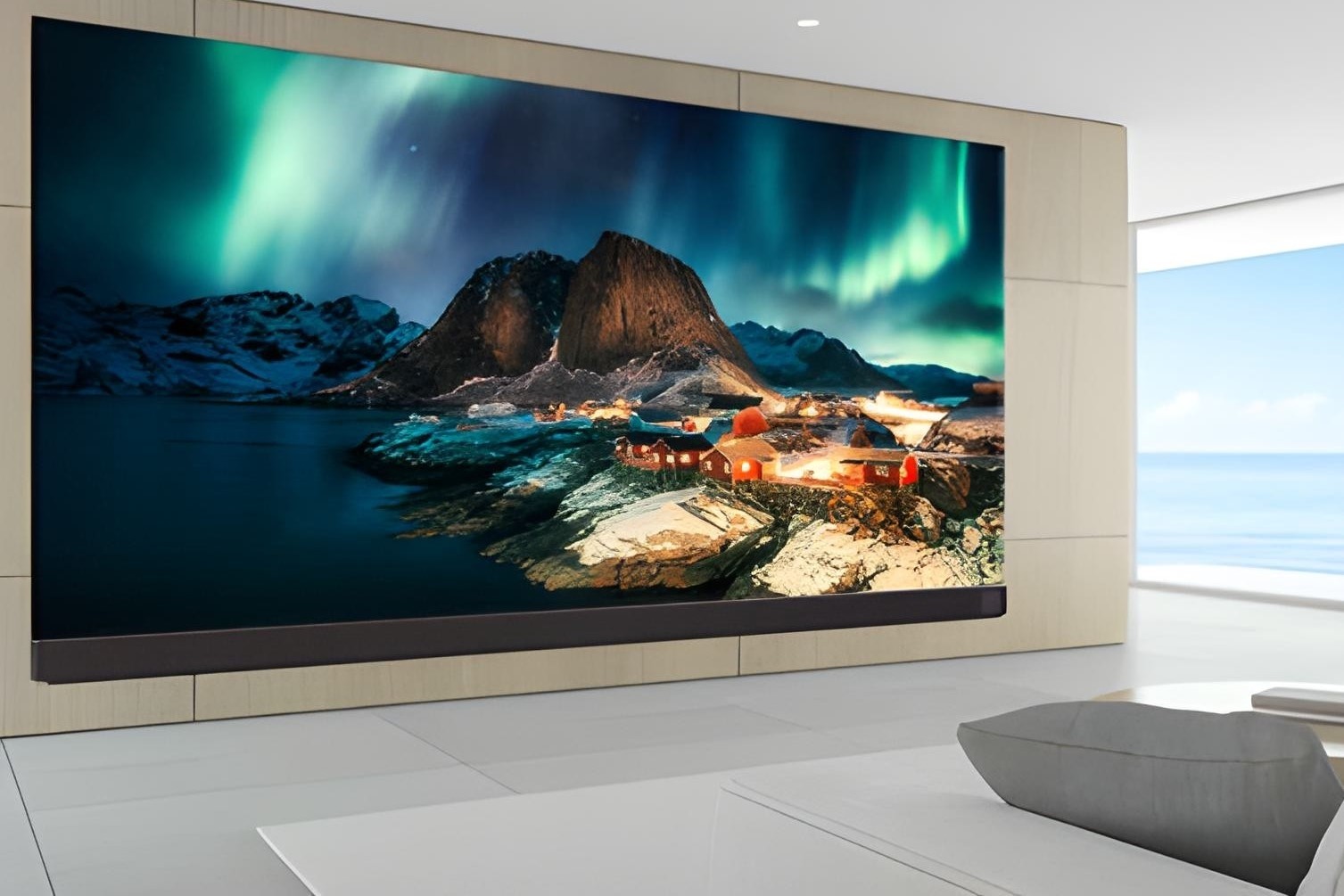 A Barco Residential Runar video wall in a neutrally decorated room with a huge window to one side, with the sea visible in the distance