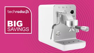 Smeg Mini Pro espresso machine on pink background with white text reading 'TechRadar Big Savings'
