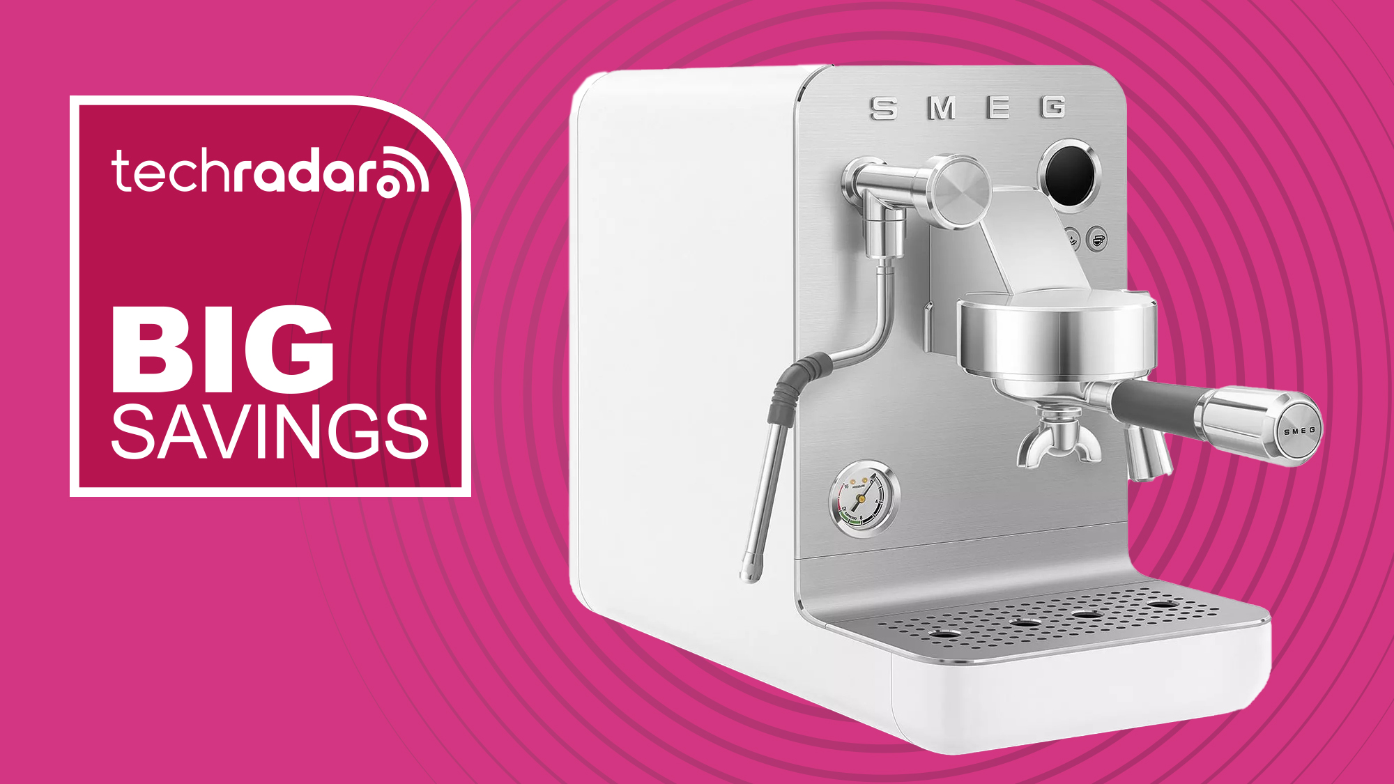 Smeg Mini Pro espresso machine on pink background with white text reading &#039;TechRadar Big Savings&#039;