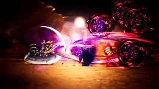 Two pixel-art characters engage in a dynamic battle with glowing purple energy orbs and sweeping white light effects against a dark background.
