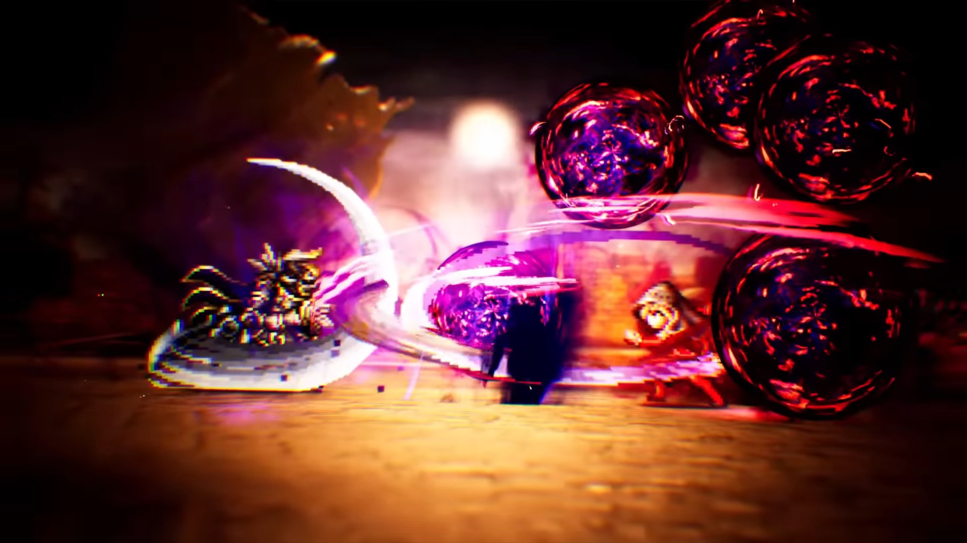 Two pixel-art characters engage in a dynamic battle with glowing purple energy orbs and sweeping white light effects against a dark background.