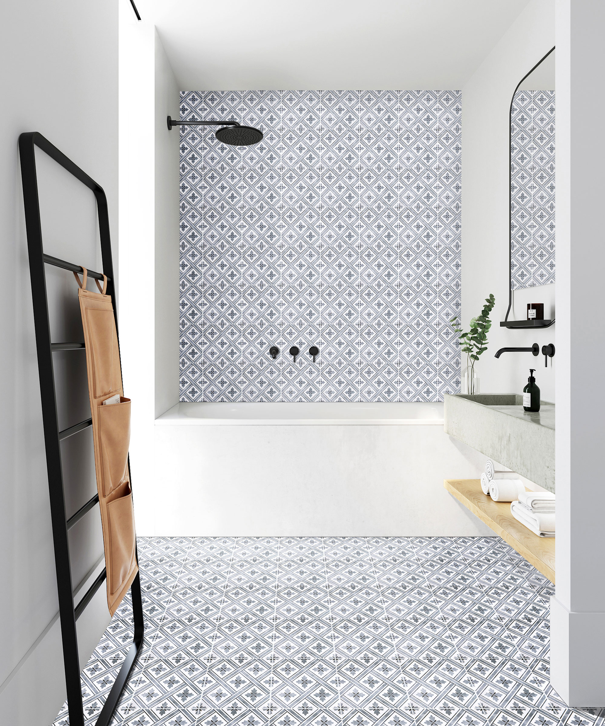 An example of small bathroom flooring ideas showing decorative blue and white floor and wall tiles in a bathroom