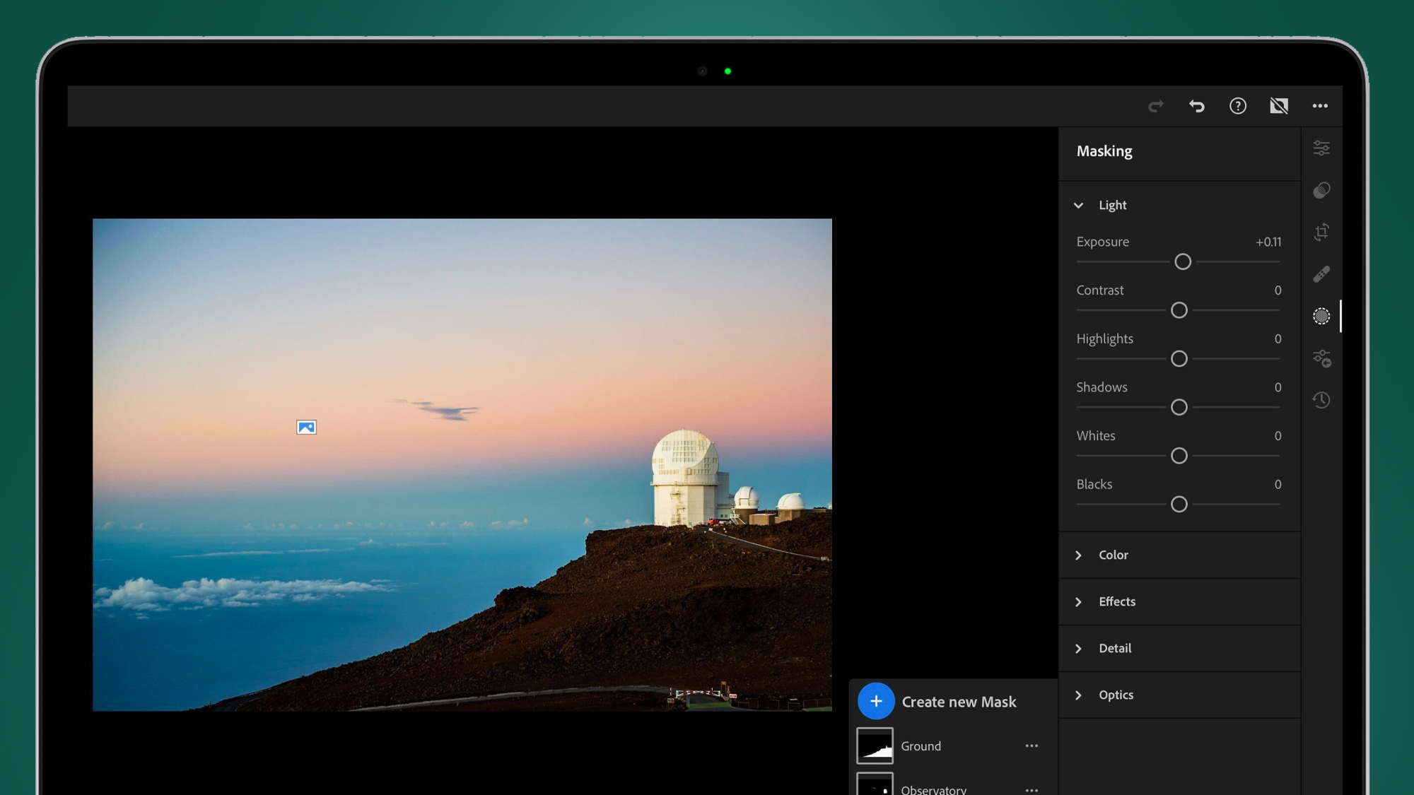 A screenshot of Adobe Lightroom's new masking tools on a landscape photo