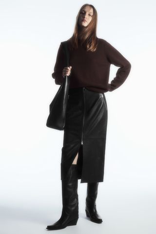Zip-Up Leather Midi Skirt