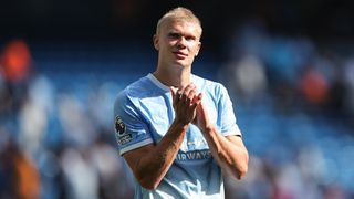 Erling Haaland of Manchester City applauds the fans during the Premier League match between Manchester City and Bournemouth at Etihad Stadium in Manchester, United Kingdom, on August 23, 2026. (Photo by Mark Cosgrove/News Images/NurPhoto via Getty Images)