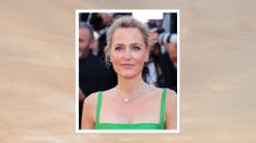 Gillian Anderson is pictured with her hair up and wearing a green gown at the "The Mastermind" red carpet at the 78th annual Cannes Film Festival at Palais des Festivals on May 23, 2025 in Cannes, France/ in a beige and grey sunset-style template