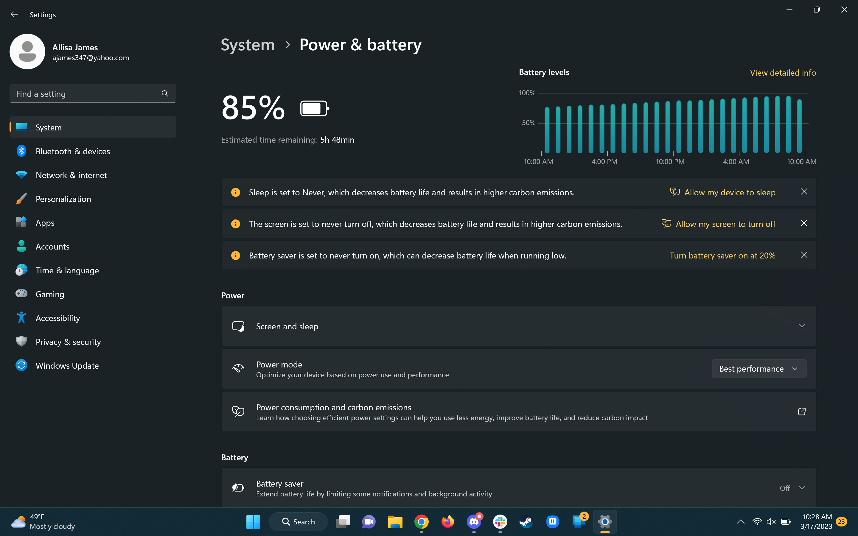 a screenshot of the power and battery settings screen