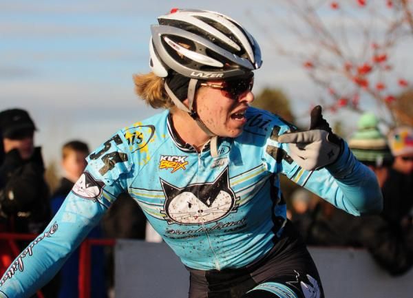 Barb Howe (Vanderkitten) had no idea she had won the 30-34 race. She is asking officials if she has one lap to go.