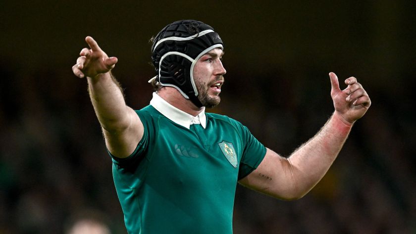 Caelan Doris of Ireland points to his side ahead of the Ireland vs England Six Nations 2025 game in the opening weekend.