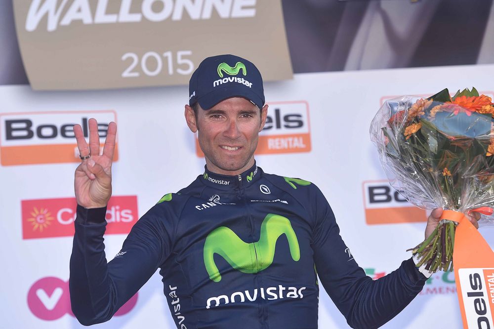 Alejandro Valverde (Movistar) on the 2015 Fleche Wallonne podium.