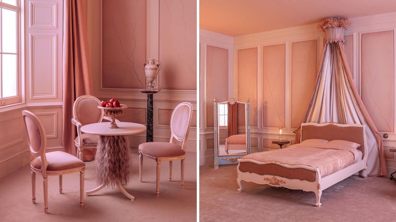 a splitscreen image with a pink bedroom on either side, one with a table and chairs and the other with a bed