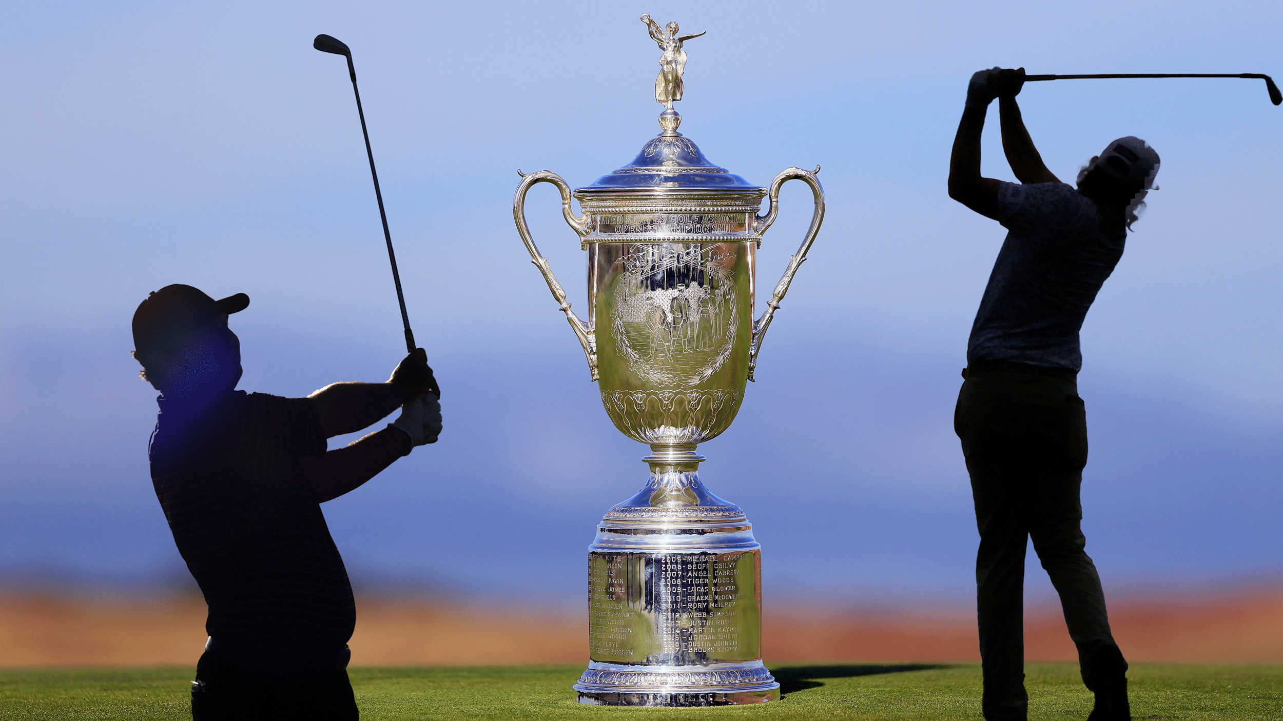 The US Open trophy in the middle and silhouettes of Patrick Reed (left) and Cameron Smith (right)