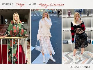 a collage of three images depicting different outfits worn by Poppy Lissiman in Tokyo