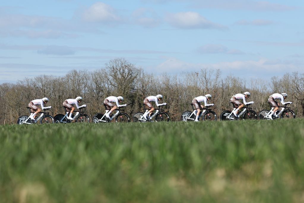 AG2R Citroen riders pictured in action during the third stage of the 81st edition of the ParisNice eight days cycling race a 322 km team time trial with start and finish in DampierreenBurly France Tuesday 07 March 2023BELGA PHOTO DAVID PINTENS Photo by DAVID PINTENS BELGA MAG Belga via AFP Photo by DAVID PINTENSBELGA MAGAFP via Getty Images