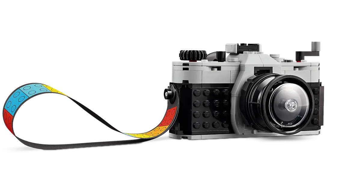 Completed Lego Retro Camera on white background