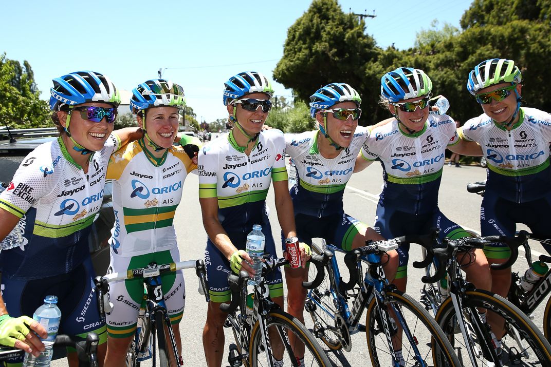 The Orica-AIS team celebrates winning stage 1