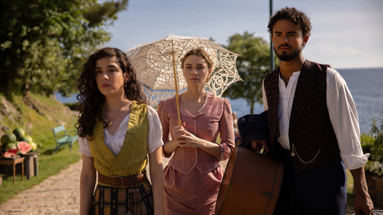 From left to right: newcomer Grace Ambrose stars as Paloma, besides Imogen Waterhouse as Jinny and Matthew Broome as nan&#039;s beloved Guy, in a still for The Buccaneers Season 2.