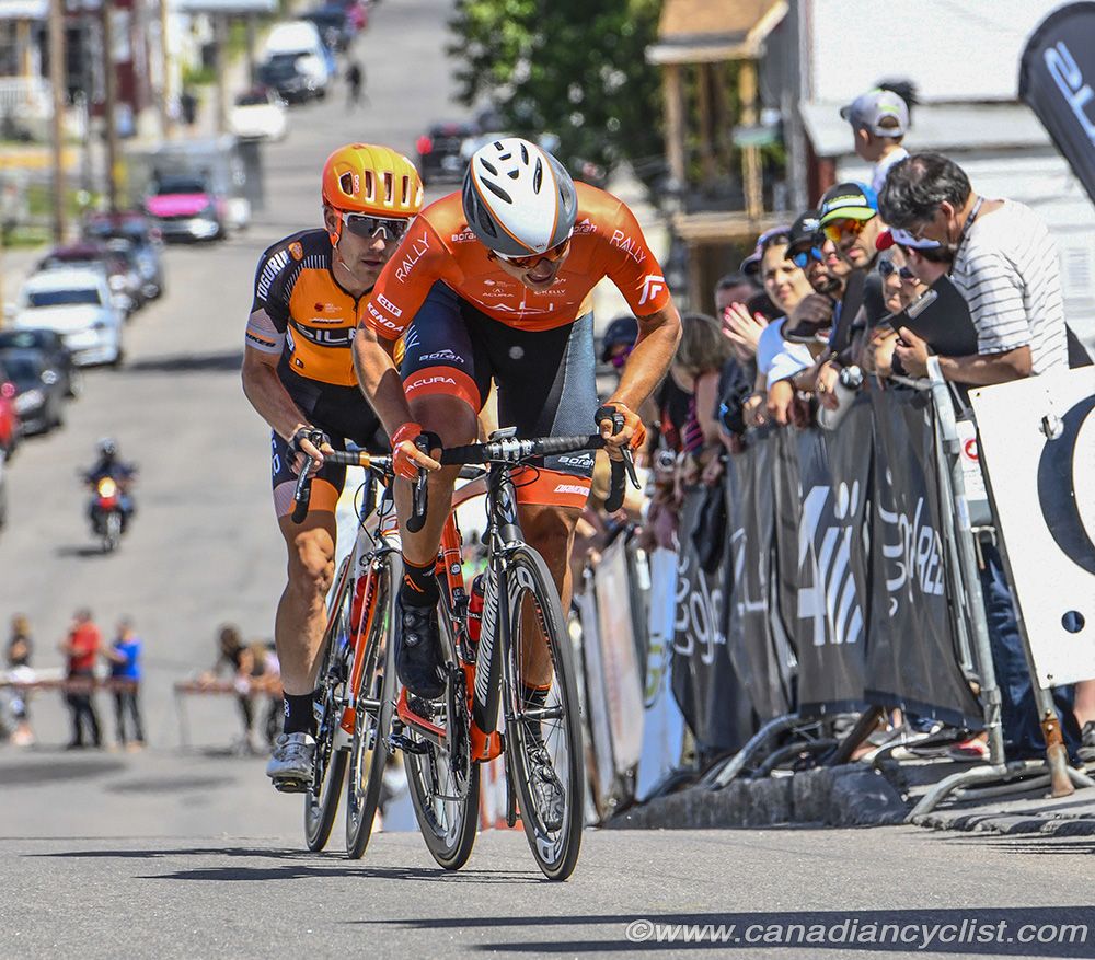 Adam de Vos (Rally Cycling) attacks but is marked by Ryan Roth (Silber Pro Cycling)