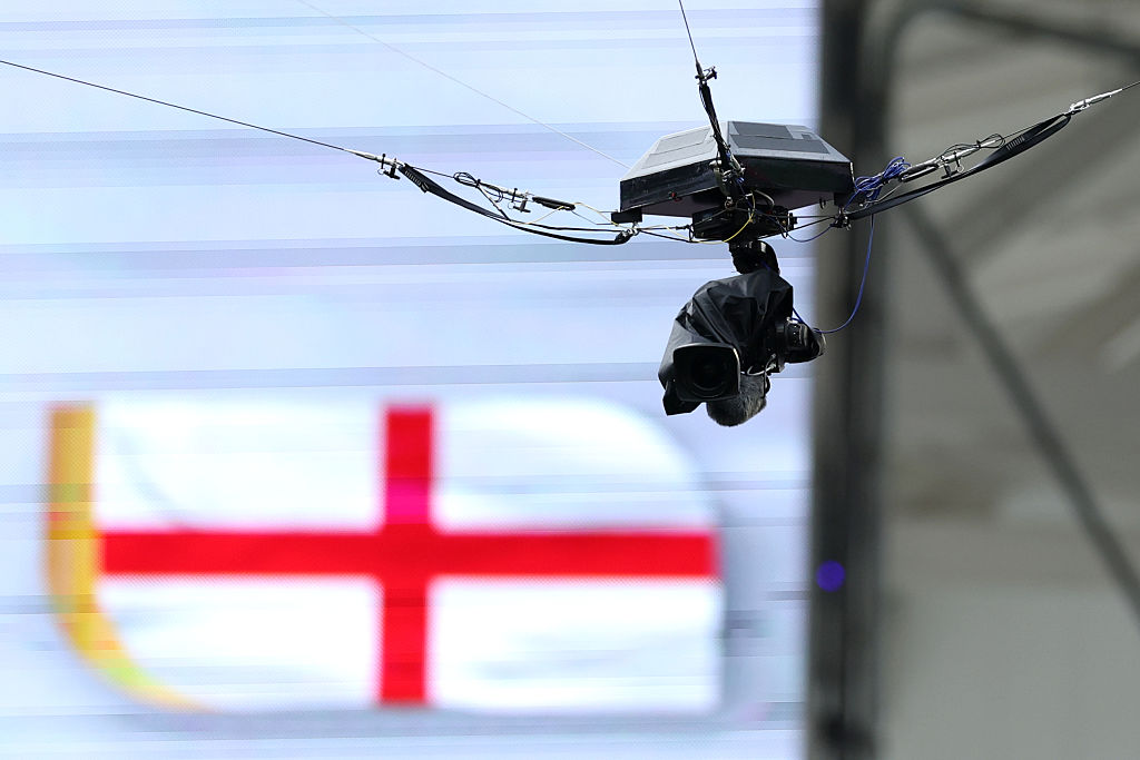 The spidercam is seen during the FIFA World Cup 2026 Quarter Final match between Norway and England at Miami Stadium on July 11, 2026 in Miami Gardens, Florida.