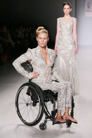 Human body, Formal wear, Style, Wheelchair, Dress, Gown, One-piece garment, Fashion, Fashion model, Beauty,