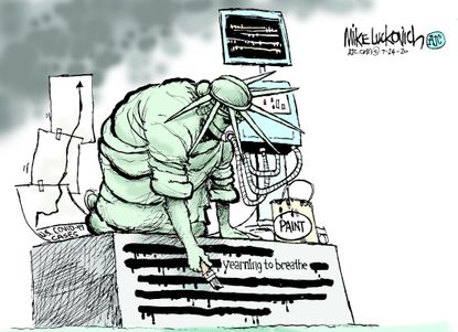 Editorial Cartoon U.S. Statue of Liberty coronavirus ventilator
