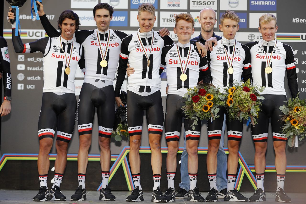 Team Sunweb on the podium after their gold medal TTT performance