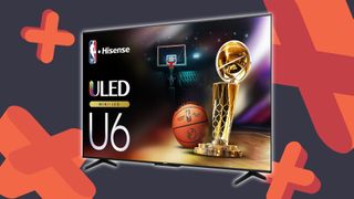 Hisense U6N TV with navy background and orange GamesRadar+ symbols
