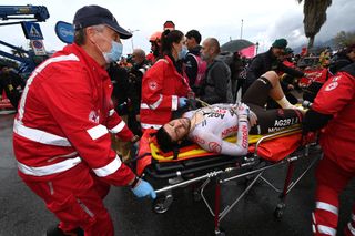 SALERNO ITALY MAY 10 Andrea Vendrame of Italy and AG2R Citron Team assisted after being involved in a crash during the 106th Giro dItalia 2023 Stage 5 a 171km stage from Atripalda to Salerno UCIWT on May 10 2023 in Salerno Italy Photo by Tim de WaeleGetty Images