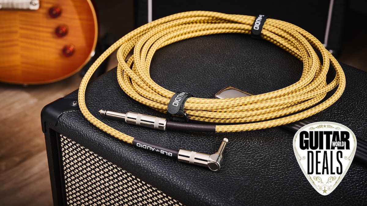 GLS Audio tweed guitar cable on top of an amp
