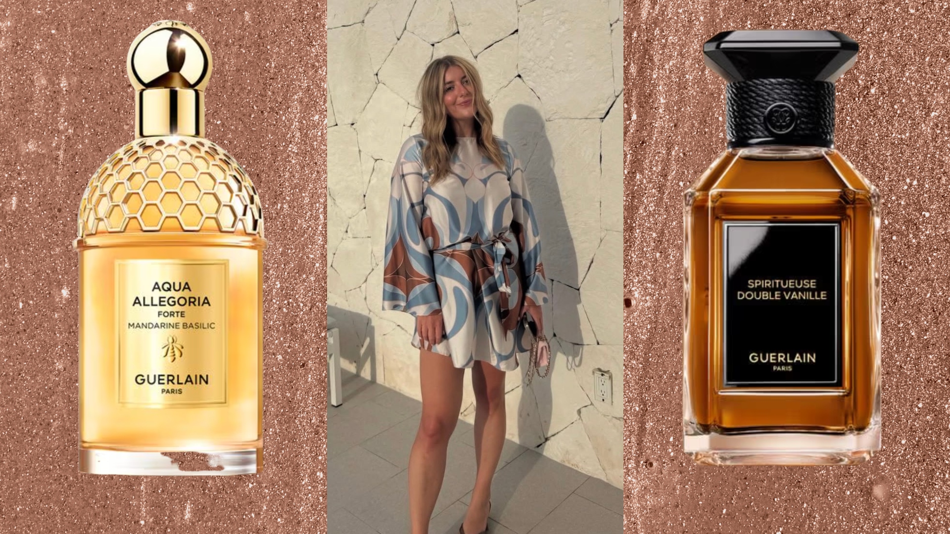 samantha holender next to guerlain perfumes on a pink sparkle background