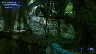 In Avatar: Frontiers of Pandora, the player stalks through Pandoran jungle underbrush with bow in hand and arrow knocked.