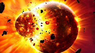 two orbs collide in a fiery explosion, sending large chunks of rock into space