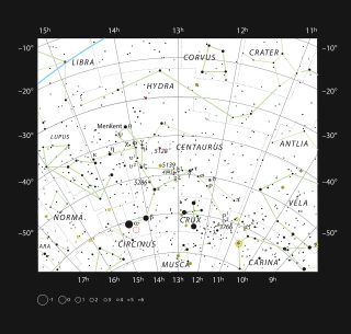 This chart of the night sky shows the constellation Centaurus and most stars that are visible to the naked eye. Proxima Centauri is marked in red.
