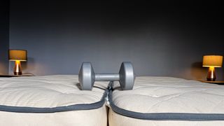 A dumbbell sat on the Naturalmat The Superb Mattress