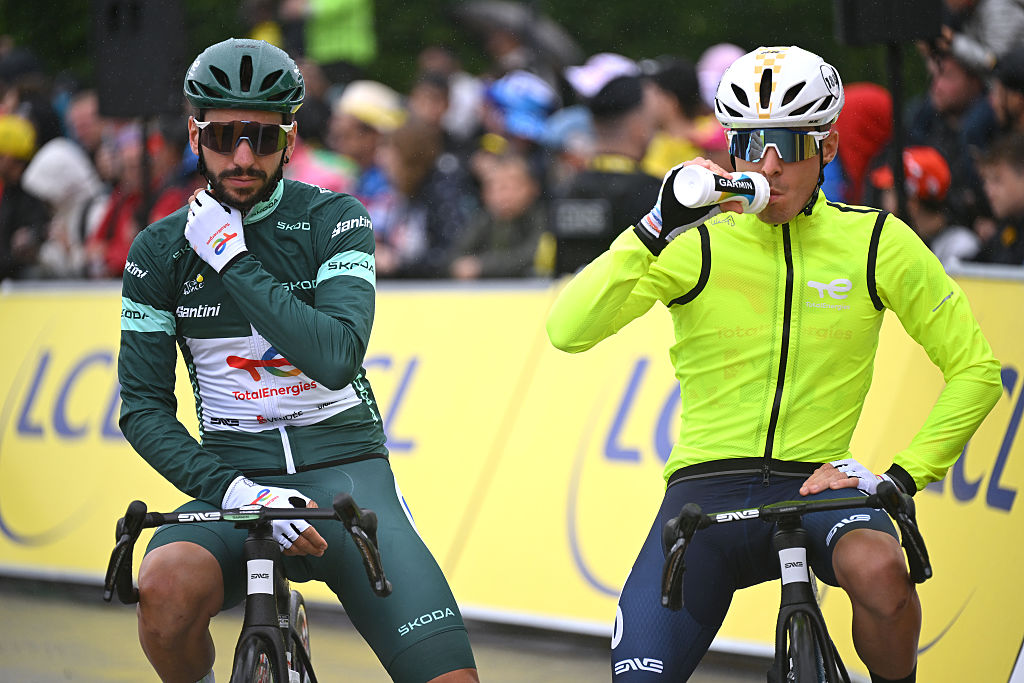 LAUWIN-PLANQUE - JULY 06: Anthony Turgis of France and Team TotalEnergies - Green Sprint Jersey and Matteo Vercher of France and Team TotalEnergies - most combative rider prior to the 112th Tour de France 2025, Stage 2 a 209.1km stage from Lauwin-Planque to Boulogne-sur-Mer / #UCIWT / on July 06, 2025 in Lauwin-Planque, France.