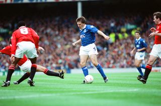 Peter Beardsley in action for Everton against Manchester United in 1992.