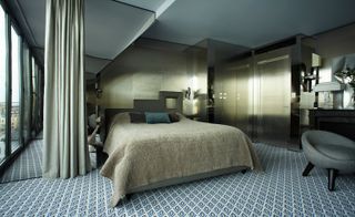 Bedroom interior with grey and silver theme