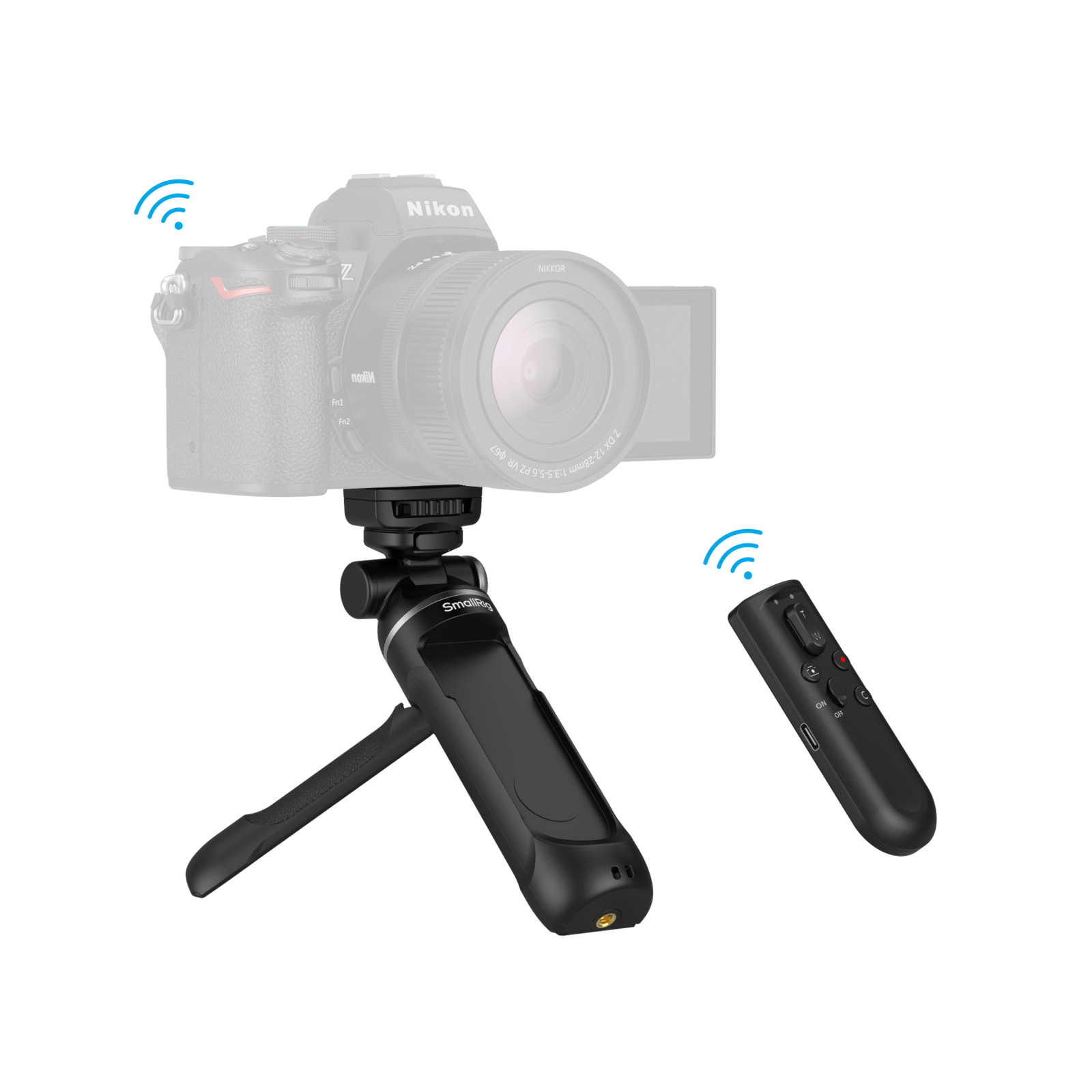 SmallRig SR-RG2 mini tripod with detached controller and 'ghost' Nikon camera