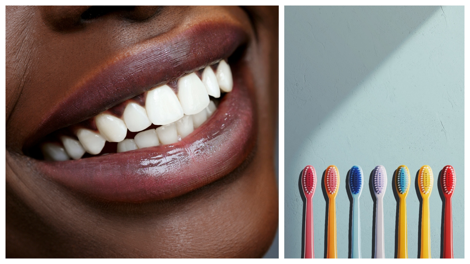 close up of a woman smiling and colorful toothbrushes
