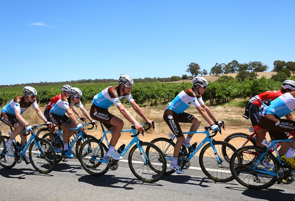 AG2R riders mass in the peloton during stage 1 at the Tour Down Under