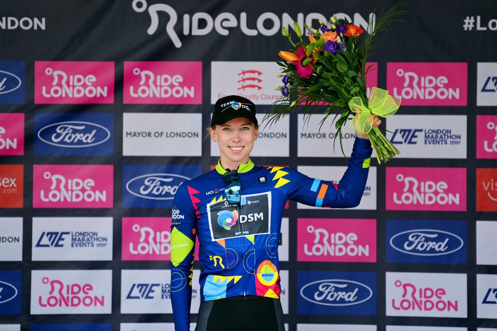 EPPING ENGLAND MAY 28 Lorena Wiebes of Netherlands and Team DSM celebrates winning the blue leader jersey on the podium ceremony after the 5th RideLondon Classique 2022 Stage 2 a 1417km stage from Chelmsford to Epping RideLondon UCIWWT on May 28 2022 in Epping England Photo by Justin SetterfieldGetty Images