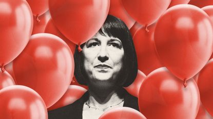 Illustration of Rachel Reeves surrounded by red balloons