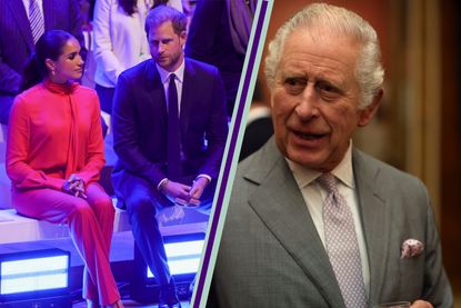 Prince Harry and Meghan Markle sat down in split layout with King Charles close up