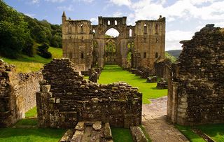 A view of the ruined abbey at Rievaulx in the North York Moors National park. September.